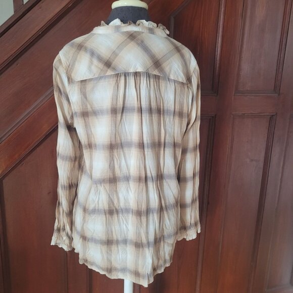 Talbots Plus 1X Beige Plaid Button Front Top Womens Long Sleeve Lightweight Blou - Picture 3 of 8